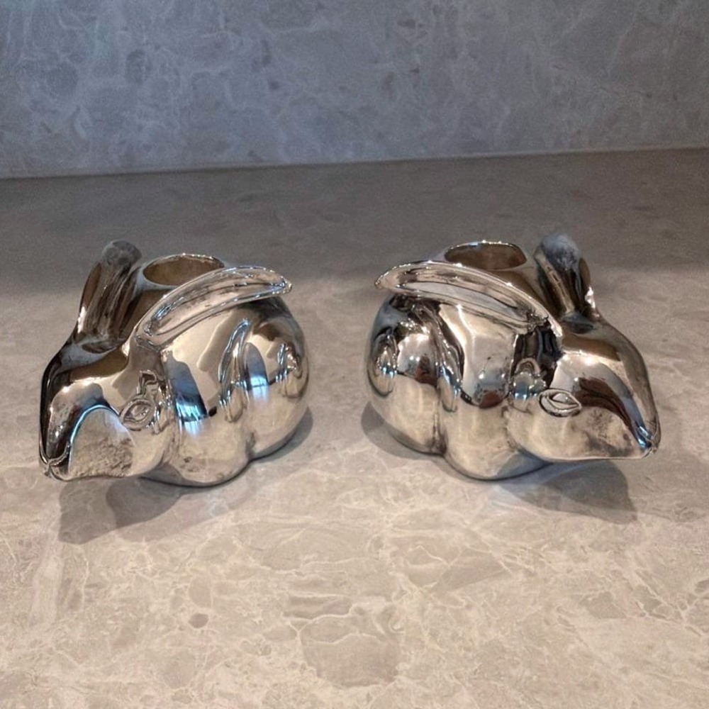 Pottery Barn Silver Bunny Rabbit Taper Candle Holders Set of 2 Easter Decor